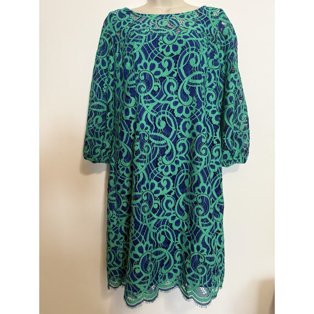 Lilly Pulitzer Rosaline Sheath Dress Lace Overlay Knee Length, Blue/Green~Sz 8